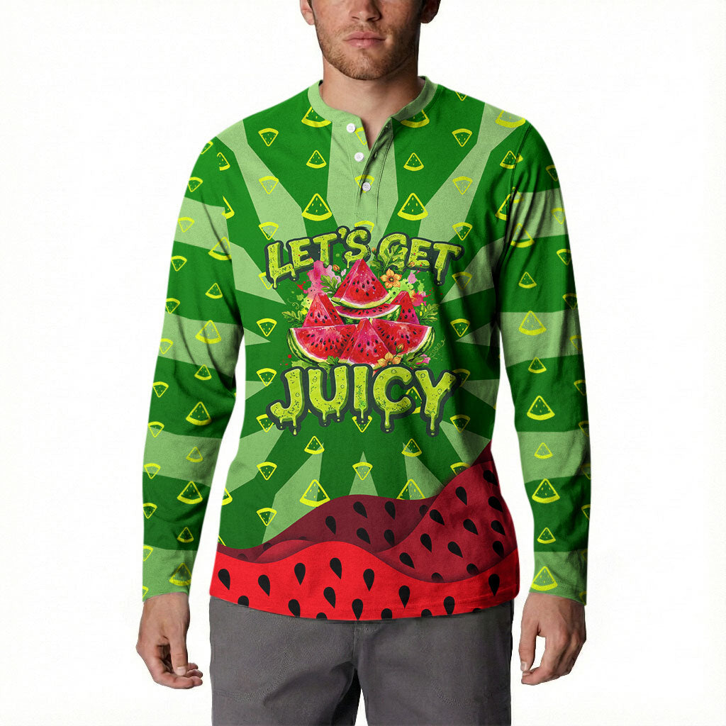 Let's Get Juicy Waterwasted Watermelon Button Sweatshirt Funny Cartoon Summer Fruit Party Art