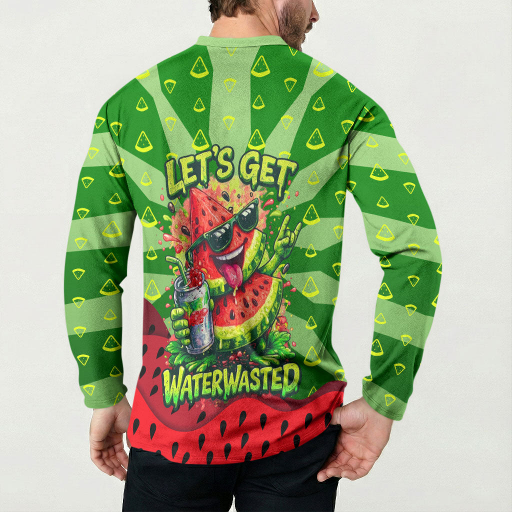 Let's Get Juicy Waterwasted Watermelon Button Sweatshirt Funny Cartoon Summer Fruit Party Art