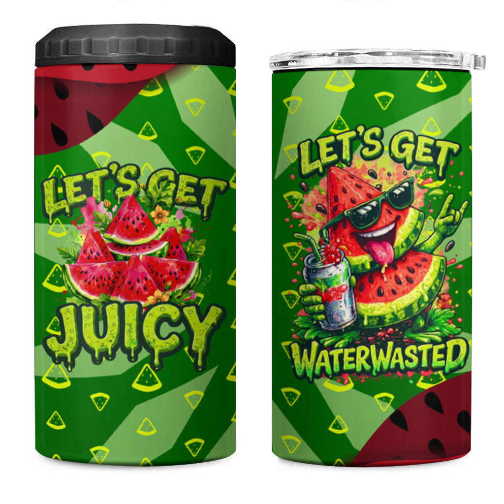 Let's Get Juicy Waterwasted Watermelon 4 in 1 Can Cooler Tumbler Funny Cartoon Summer Fruit Party Art