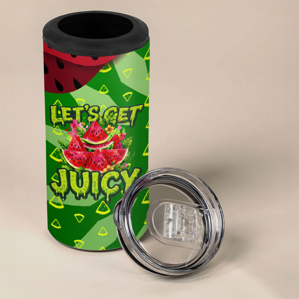 Let's Get Juicy Waterwasted Watermelon 4 in 1 Can Cooler Tumbler Funny Cartoon Summer Fruit Party Art