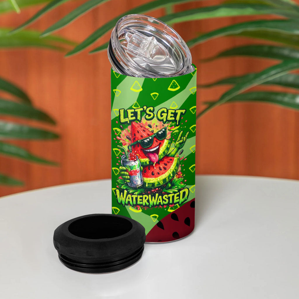 Let's Get Juicy Waterwasted Watermelon 4 in 1 Can Cooler Tumbler Funny Cartoon Summer Fruit Party Art