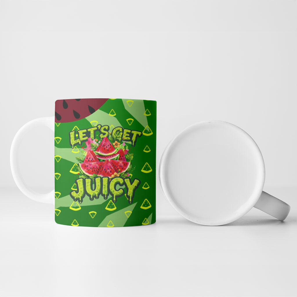 Let's Get Juicy Waterwasted Watermelon Ceramic Mug Funny Cartoon Summer Fruit Party Art