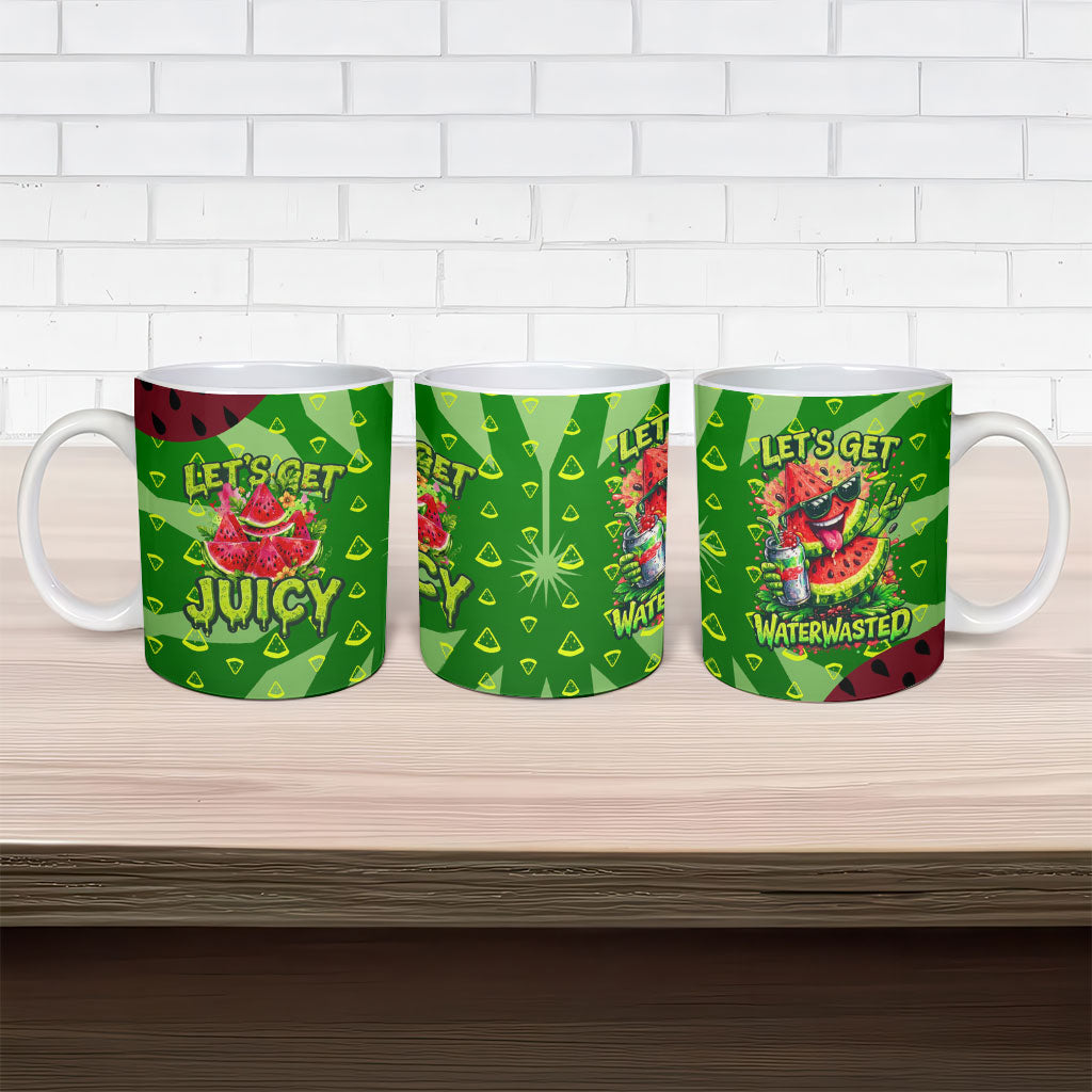 Let's Get Juicy Waterwasted Watermelon Ceramic Mug Funny Cartoon Summer Fruit Party Art