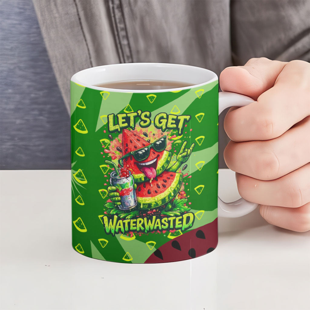 Let's Get Juicy Waterwasted Watermelon Ceramic Mug Funny Cartoon Summer Fruit Party Art