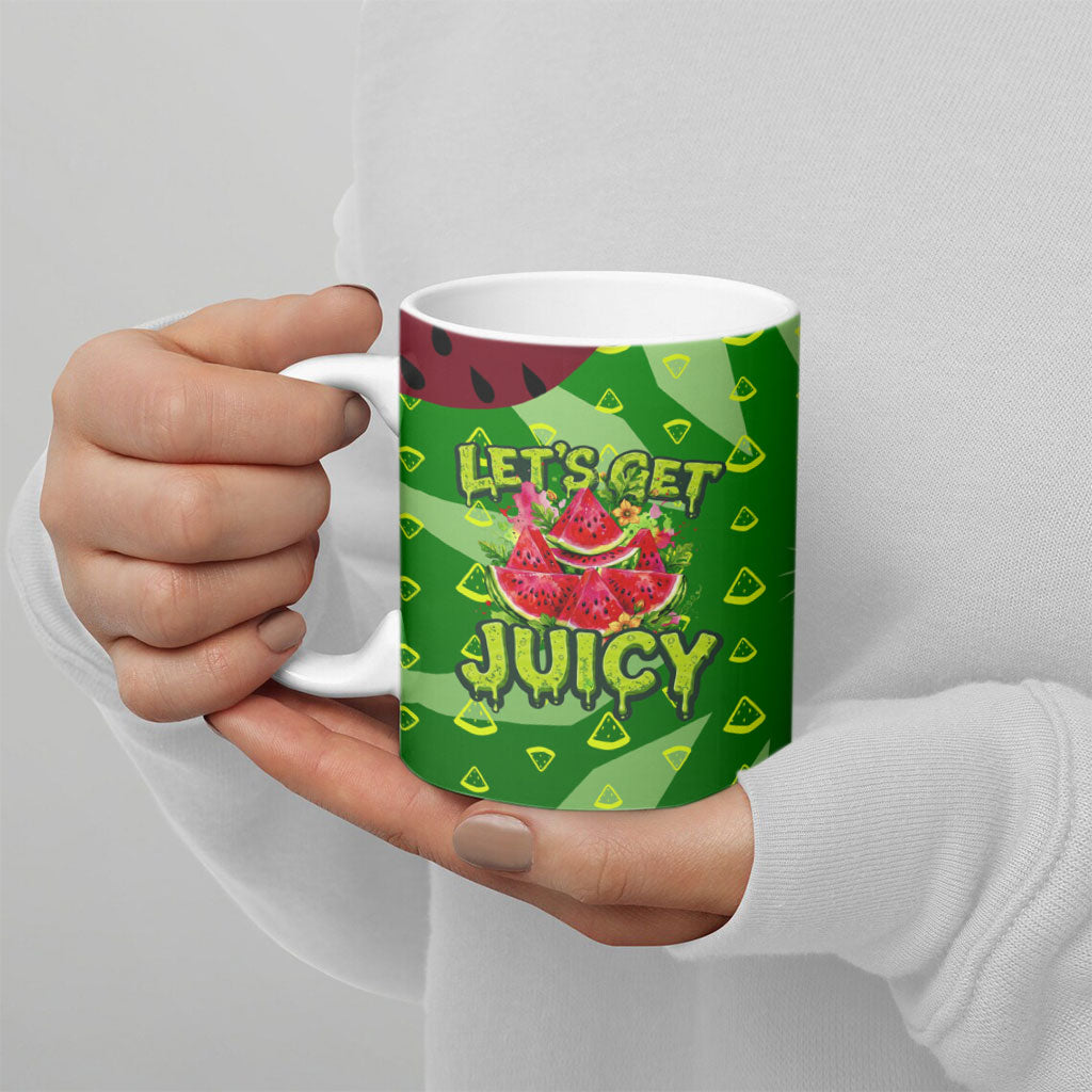 Let's Get Juicy Waterwasted Watermelon Ceramic Mug Funny Cartoon Summer Fruit Party Art