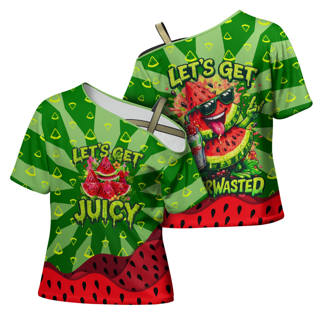 Let's Get Juicy Waterwasted Watermelon Cross Shoulder Shirt Funny Cartoon Summer Fruit Party Art