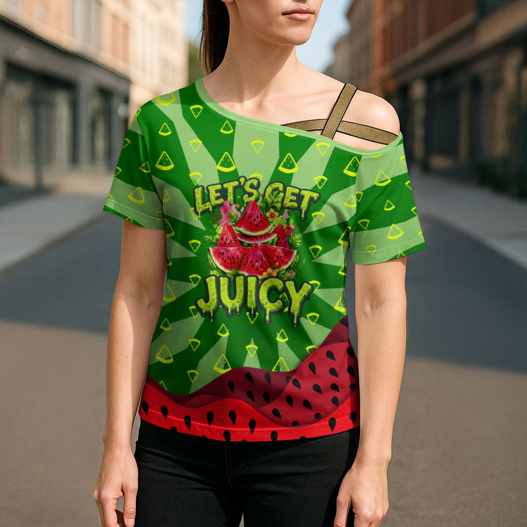 Let's Get Juicy Waterwasted Watermelon Cross Shoulder Shirt Funny Cartoon Summer Fruit Party Art
