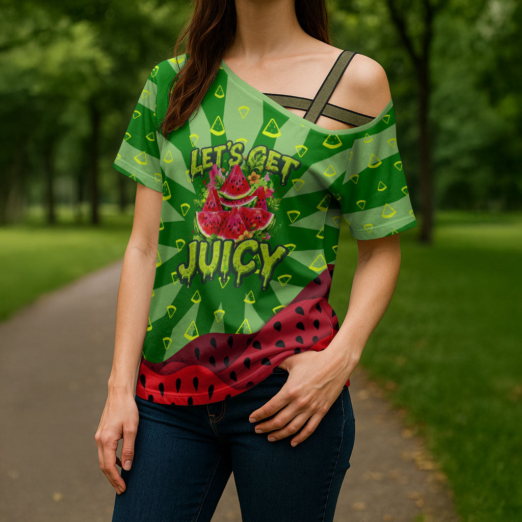 Let's Get Juicy Waterwasted Watermelon Cross Shoulder Shirt Funny Cartoon Summer Fruit Party Art