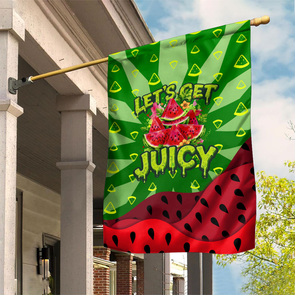 Let's Get Juicy Waterwasted Watermelon Garden Flag Funny Cartoon Summer Fruit Party Art