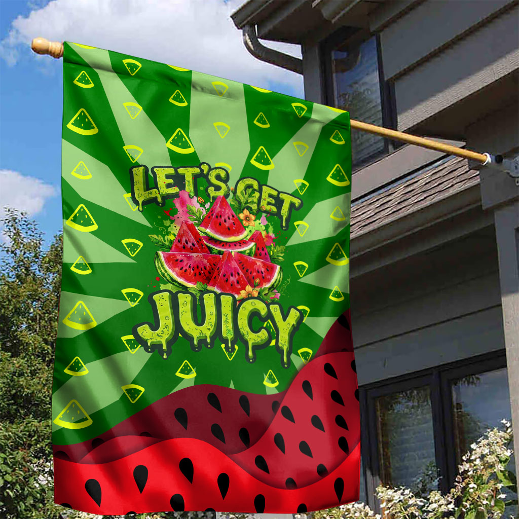 Let's Get Juicy Waterwasted Watermelon Garden Flag Funny Cartoon Summer Fruit Party Art