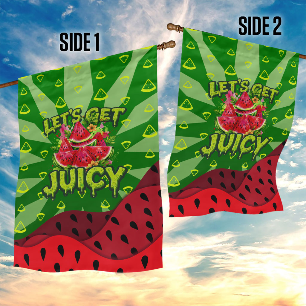 Let's Get Juicy Waterwasted Watermelon Garden Flag Funny Cartoon Summer Fruit Party Art