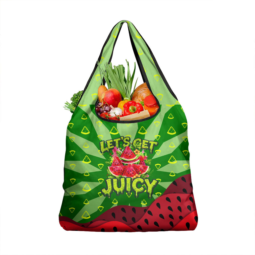 Let's Get Juicy Waterwasted Watermelon Grocery Bag Funny Cartoon Summer Fruit Party Art