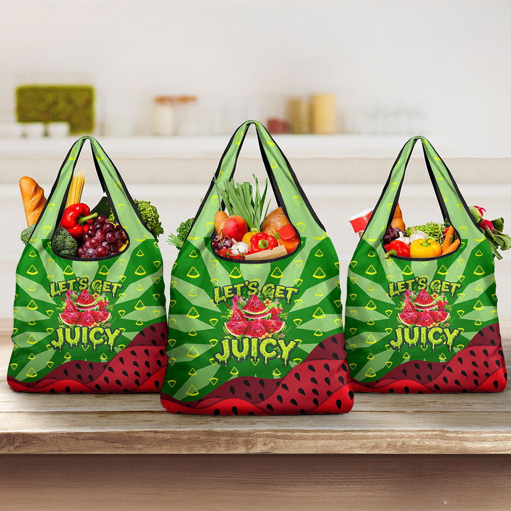 Let's Get Juicy Waterwasted Watermelon Grocery Bag Funny Cartoon Summer Fruit Party Art
