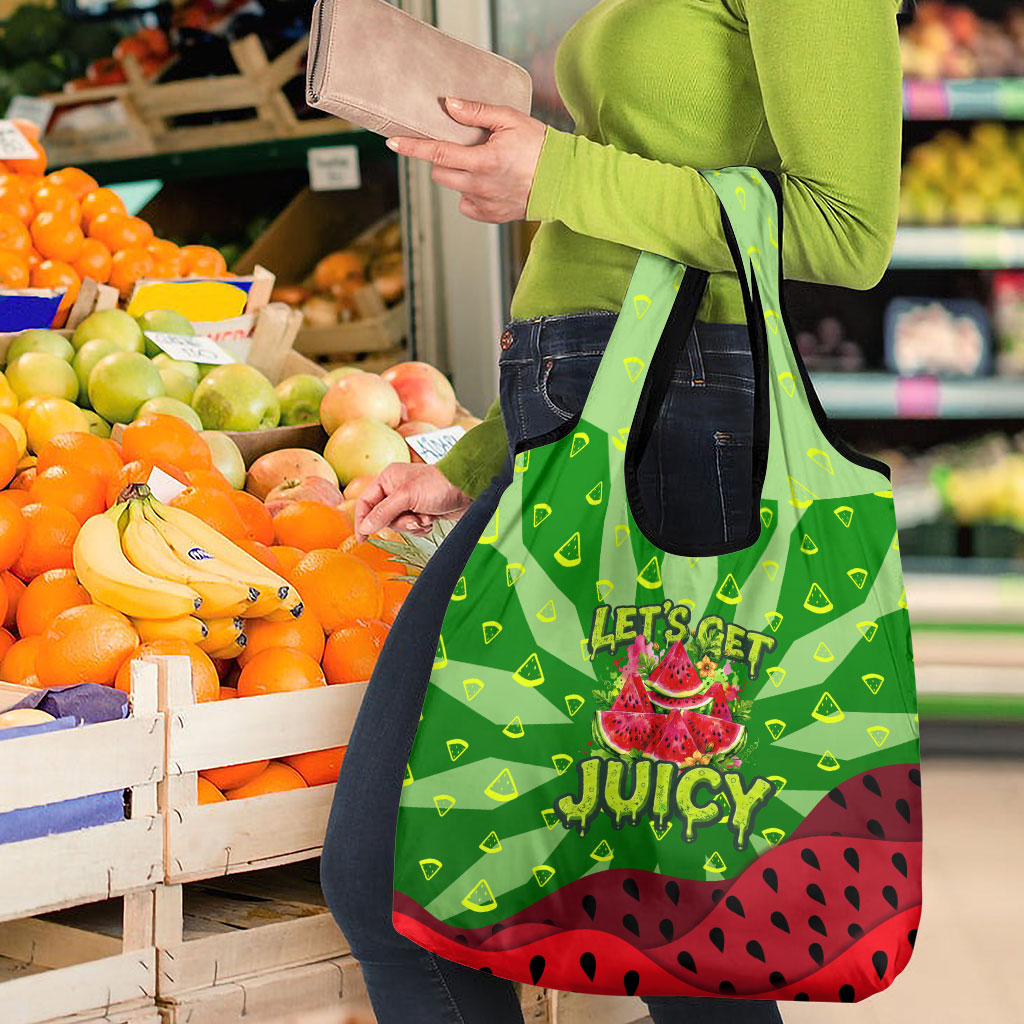 Let's Get Juicy Waterwasted Watermelon Grocery Bag Funny Cartoon Summer Fruit Party Art