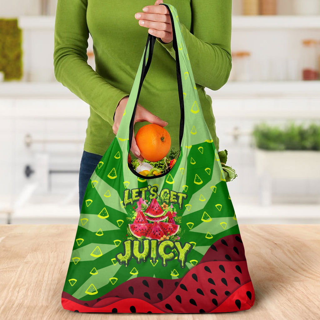 Let's Get Juicy Waterwasted Watermelon Grocery Bag Funny Cartoon Summer Fruit Party Art