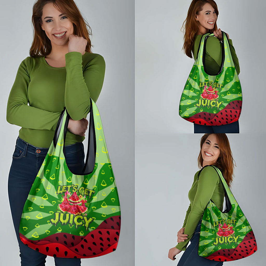 Let's Get Juicy Waterwasted Watermelon Grocery Bag Funny Cartoon Summer Fruit Party Art