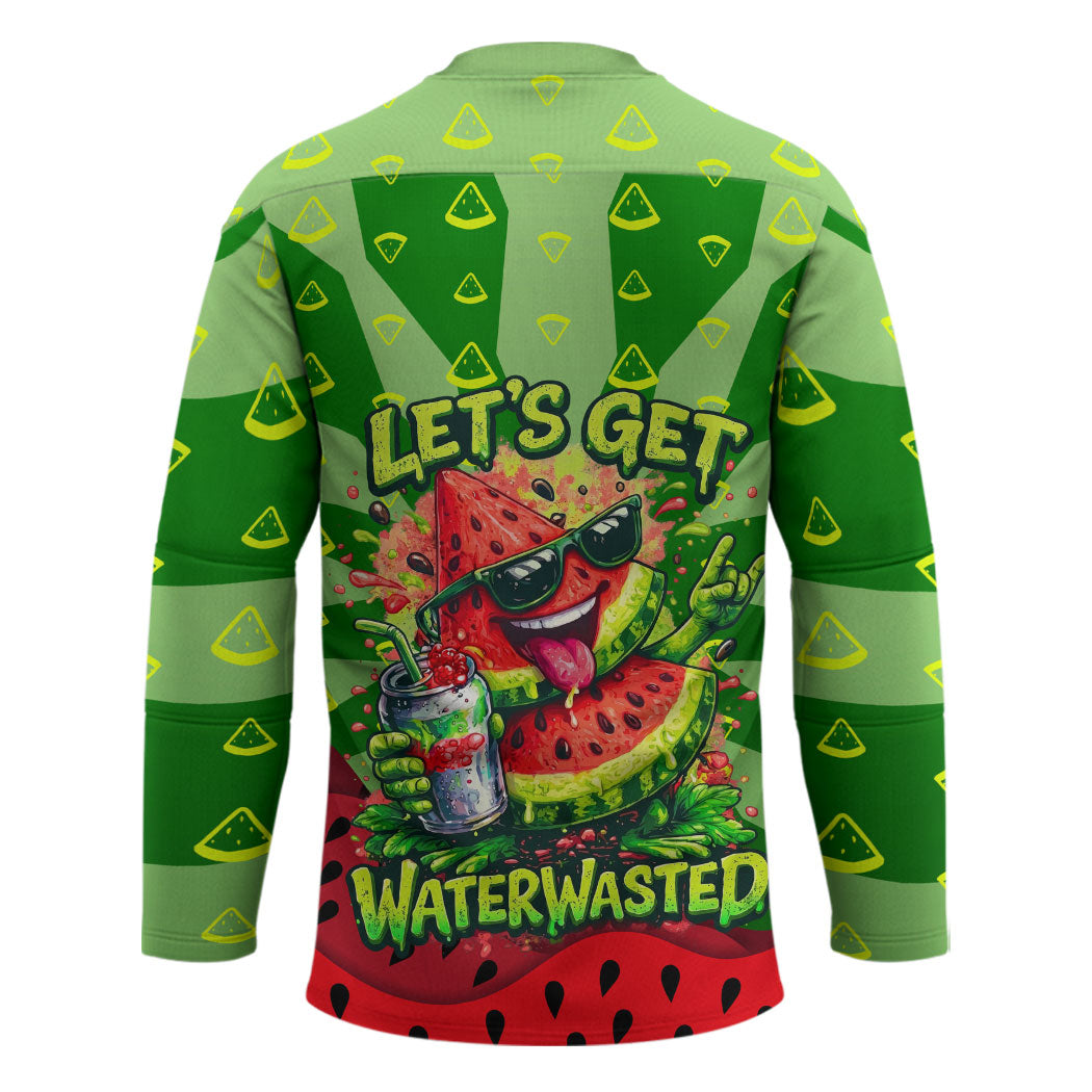 Let's Get Juicy Waterwasted Watermelon Hockey Jersey Funny Cartoon Summer Fruit Party Art