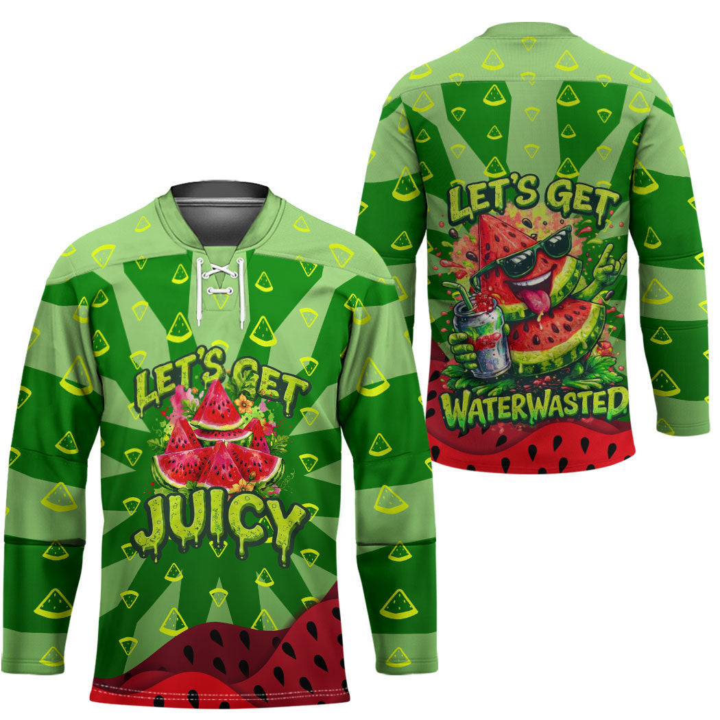 Let's Get Juicy Waterwasted Watermelon Hockey Jersey Funny Cartoon Summer Fruit Party Art