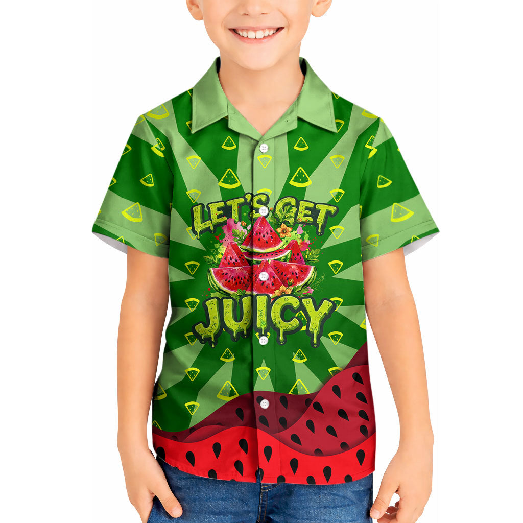 Let's Get Juicy Waterwasted Watermelon Kid Hawaiian Shirt Funny Cartoon Summer Fruit Party Art