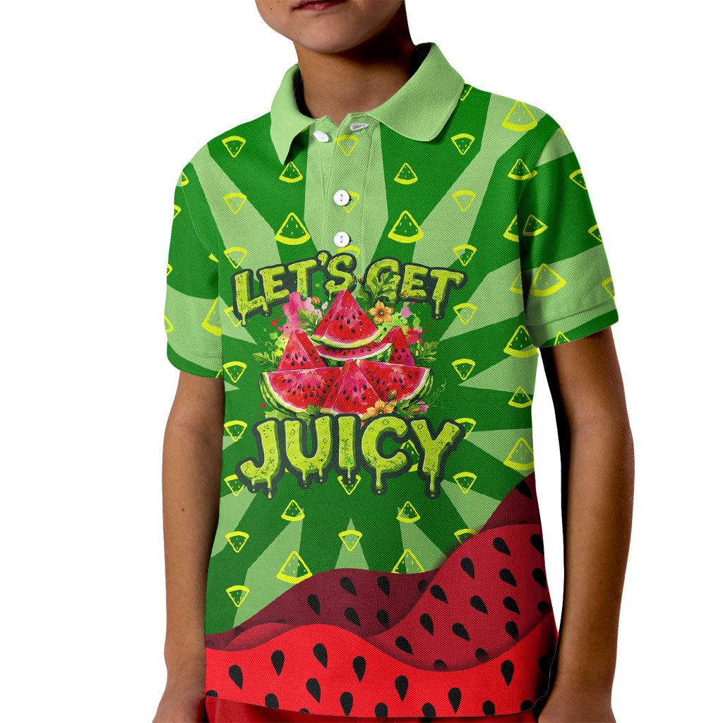 Let's Get Juicy Waterwasted Watermelon Kid Polo Shirt Funny Cartoon Summer Fruit Party Art