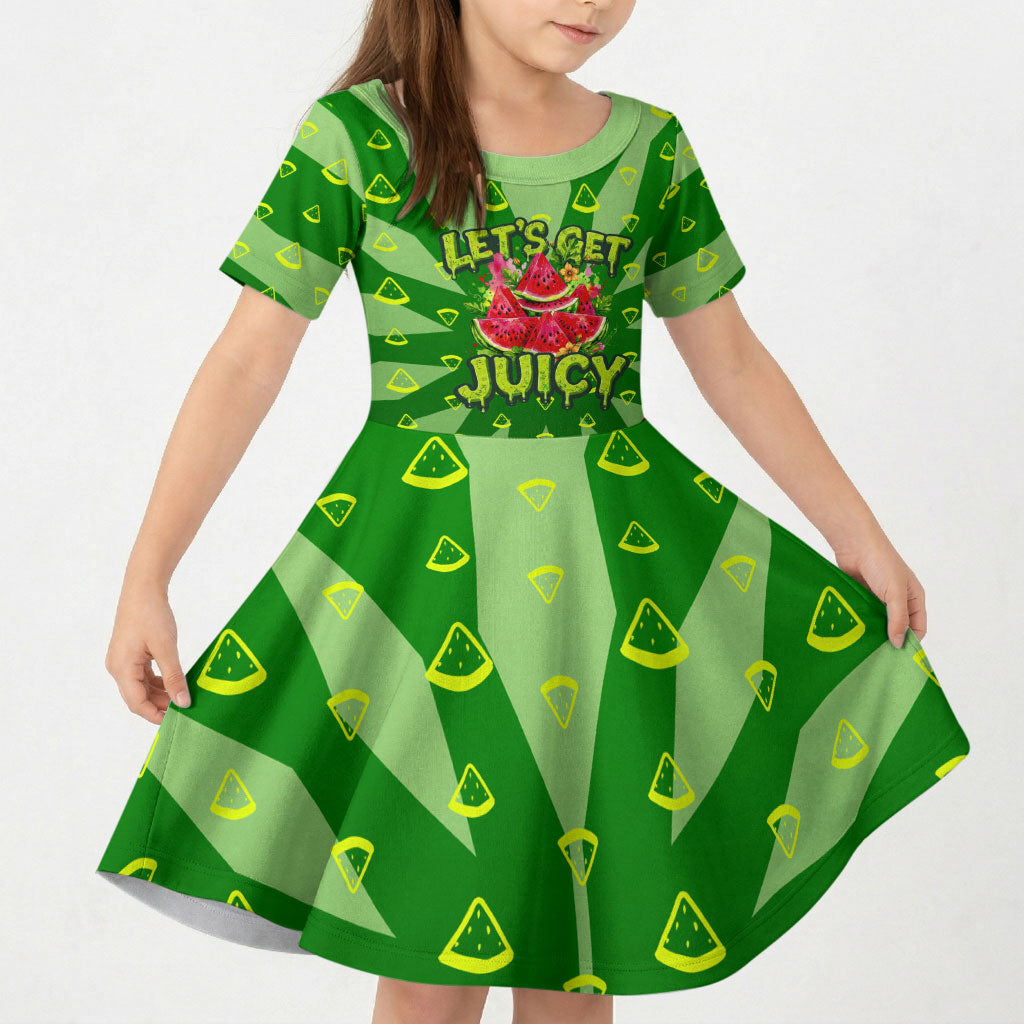 Let's Get Juicy Waterwasted Watermelon Kid Short Sleeve Dress Funny Cartoon Summer Fruit Party Art
