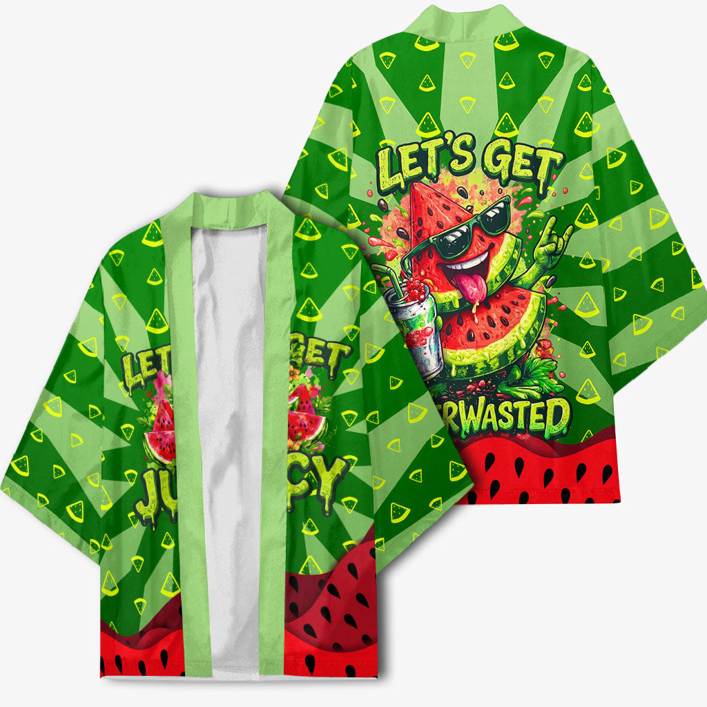 Let's Get Juicy Waterwasted Watermelon Kimono Funny Cartoon Summer Fruit Party Art