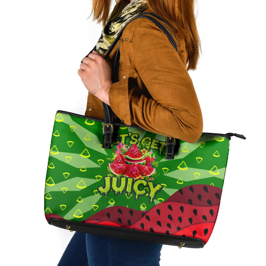 Let's Get Juicy Waterwasted Watermelon Leather Tote Bag Funny Cartoon Summer Fruit Party Art
