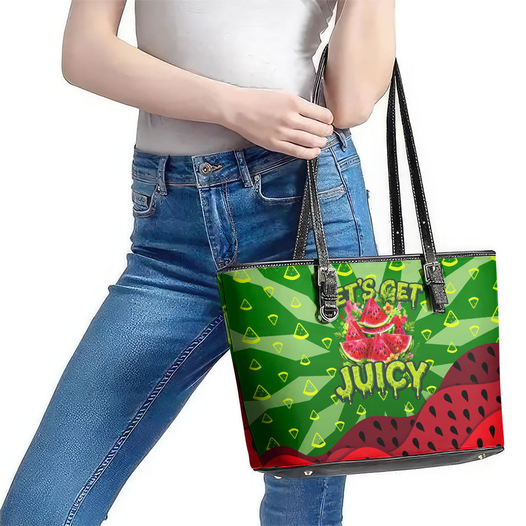 Let's Get Juicy Waterwasted Watermelon Leather Tote Bag Funny Cartoon Summer Fruit Party Art