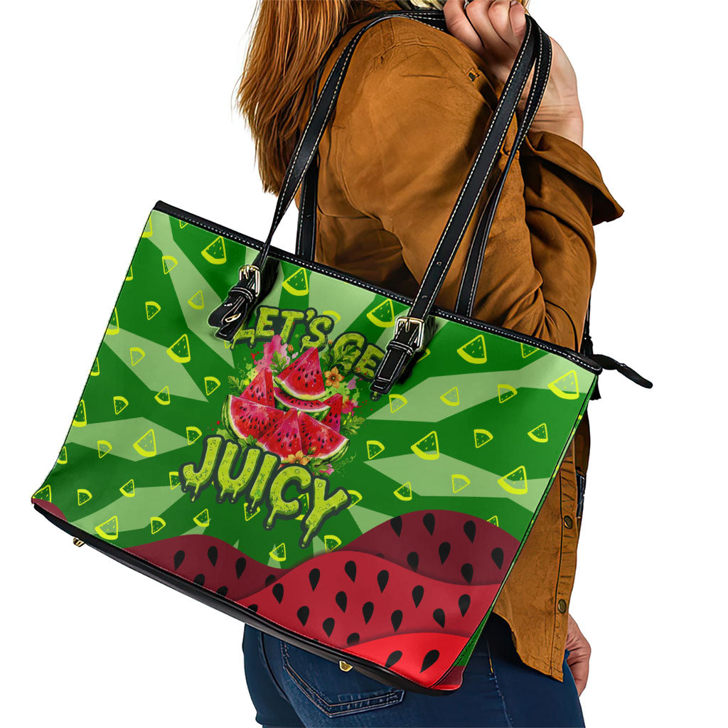 Let's Get Juicy Waterwasted Watermelon Leather Tote Bag Funny Cartoon Summer Fruit Party Art