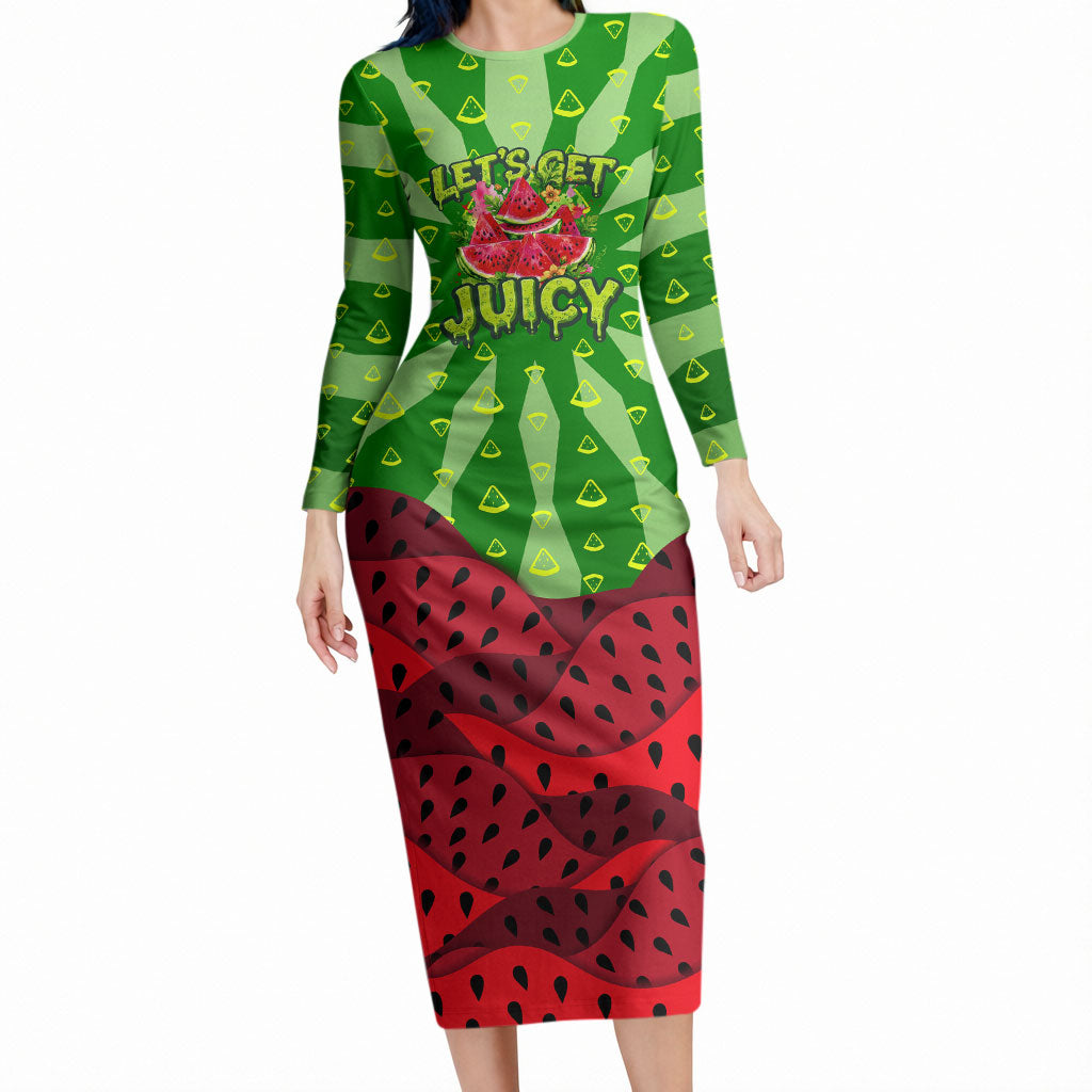 Let's Get Juicy Waterwasted Watermelon Long Sleeve Bodycon Dress Funny Cartoon Summer Fruit Party Art