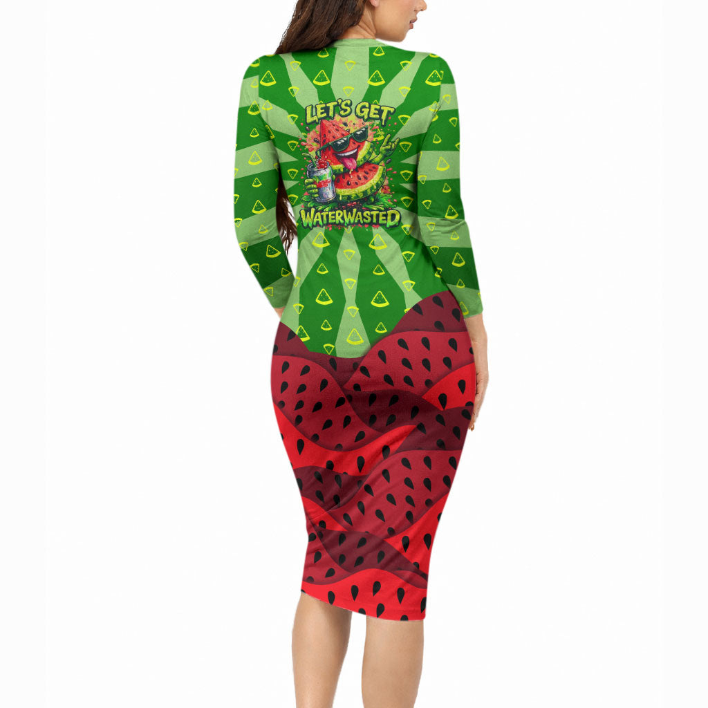 Let's Get Juicy Waterwasted Watermelon Long Sleeve Bodycon Dress Funny Cartoon Summer Fruit Party Art