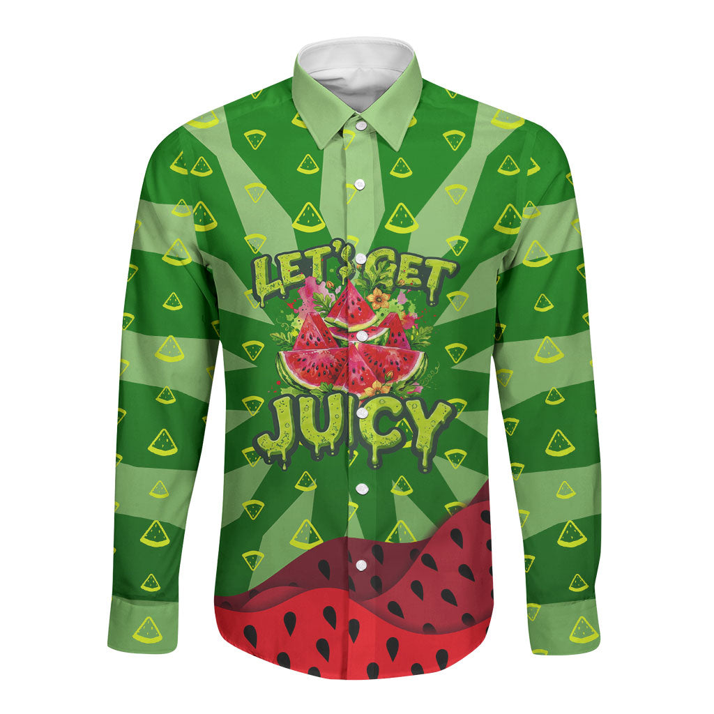 Let's Get Juicy Waterwasted Watermelon Long Sleeve Button Shirt Funny Cartoon Summer Fruit Party Art