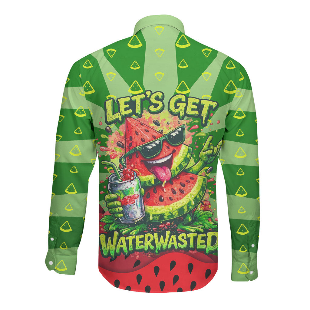 Let's Get Juicy Waterwasted Watermelon Long Sleeve Button Shirt Funny Cartoon Summer Fruit Party Art