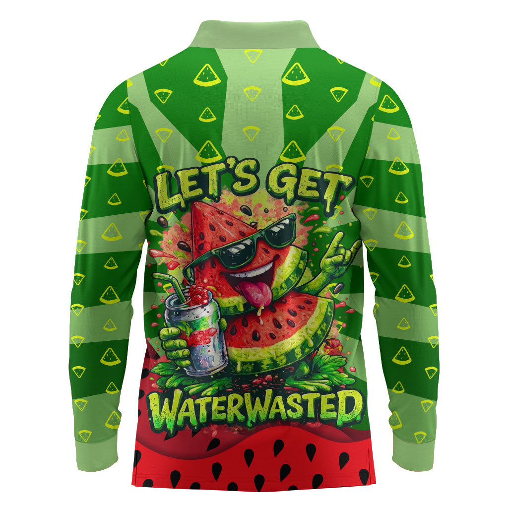 Let's Get Juicy Waterwasted Watermelon Long Sleeve Polo Shirt Funny Cartoon Summer Fruit Party Art