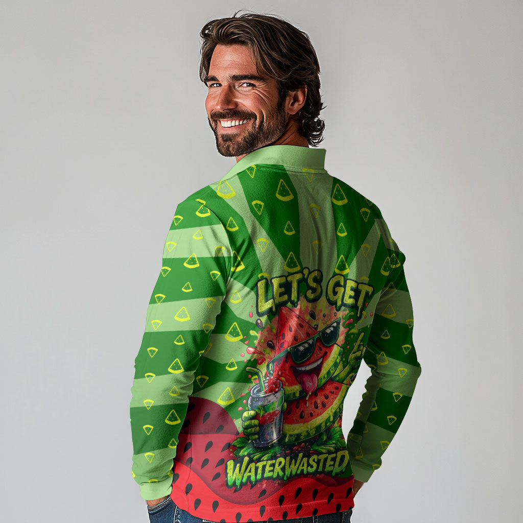 Let's Get Juicy Waterwasted Watermelon Long Sleeve Polo Shirt Funny Cartoon Summer Fruit Party Art