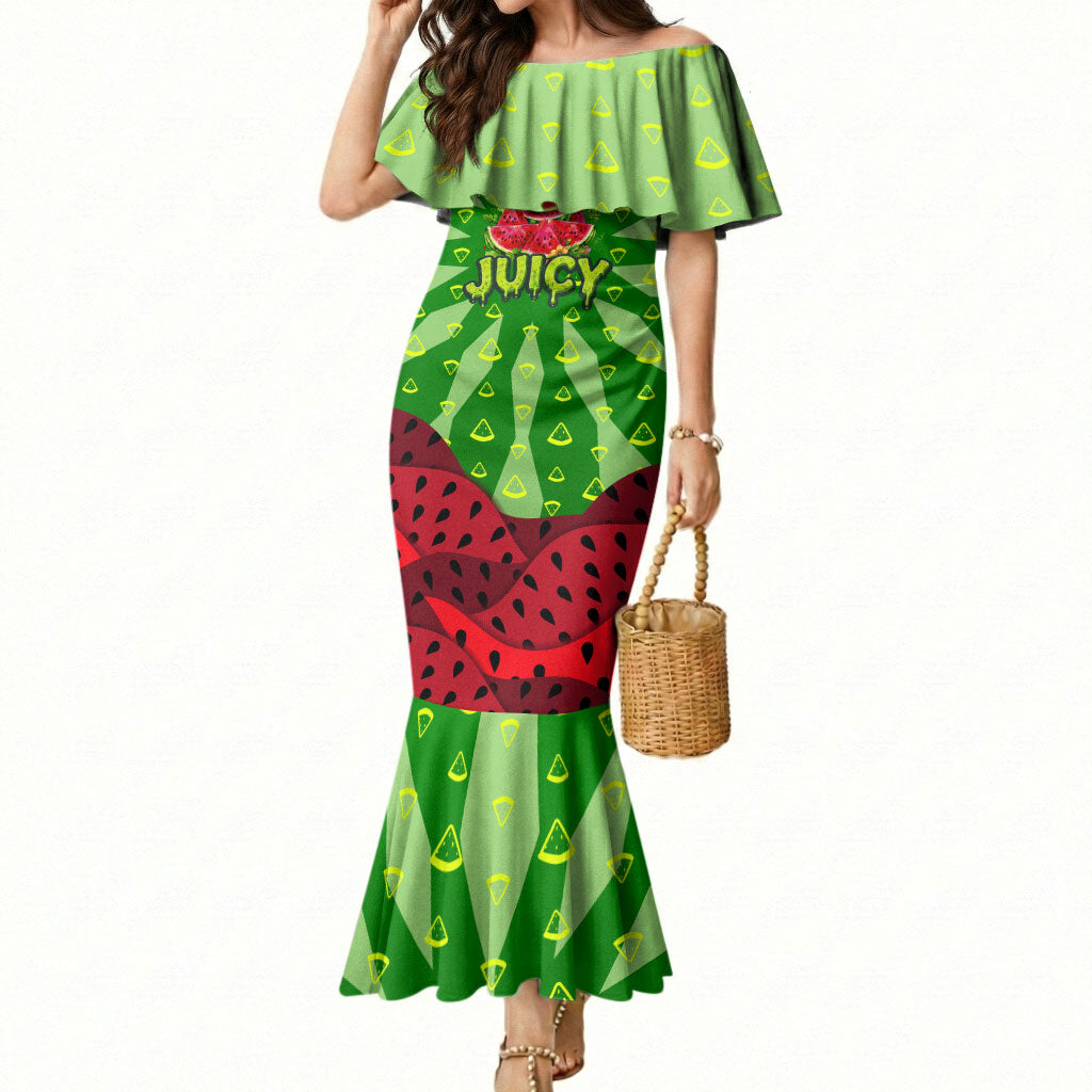 Let's Get Juicy Waterwasted Watermelon Mermaid Dress Funny Cartoon Summer Fruit Party Art