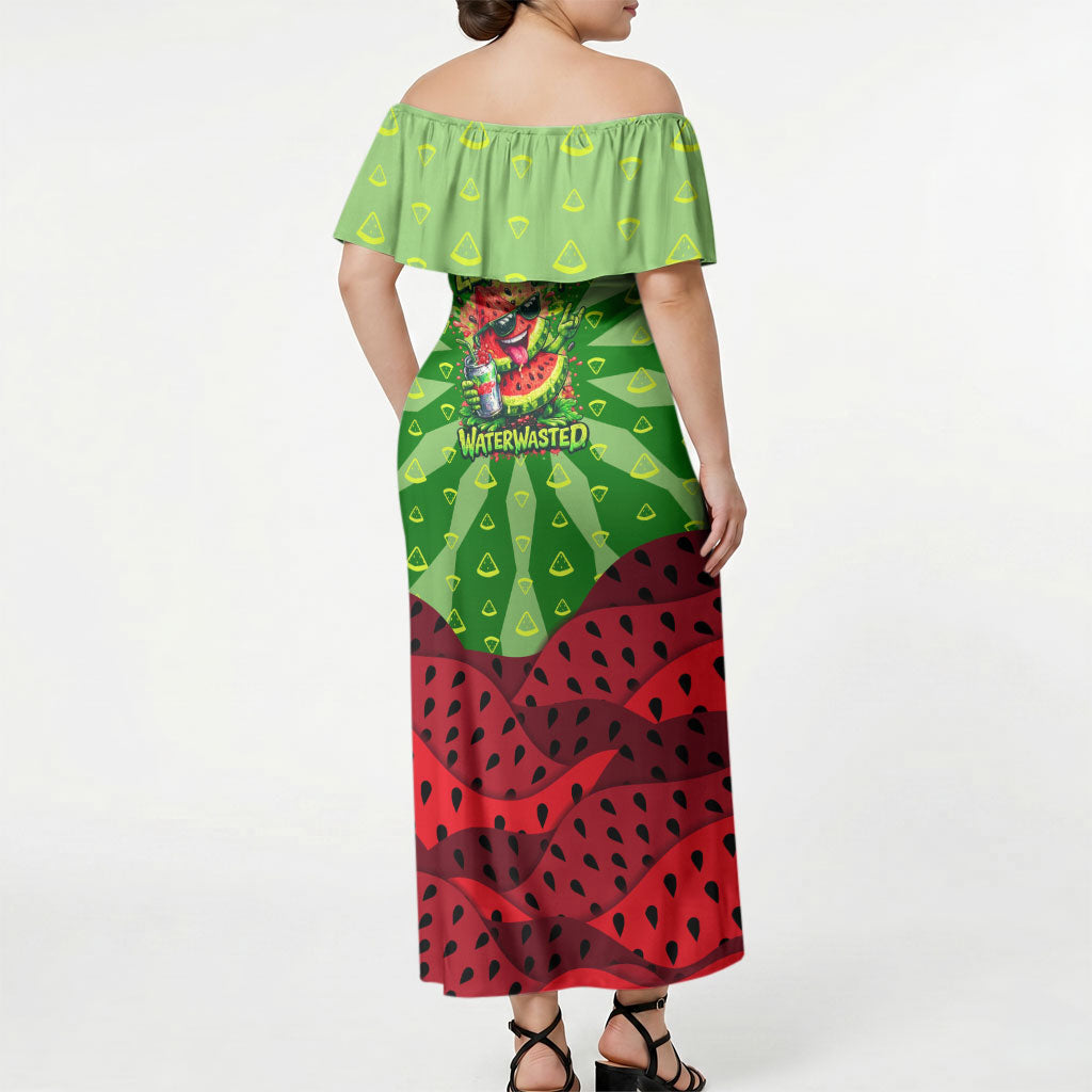 Let's Get Juicy Waterwasted Watermelon Off Shoulder Maxi Dress Funny Cartoon Summer Fruit Party Art
