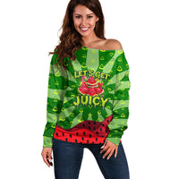 Let's Get Juicy Waterwasted Watermelon Off Shoulder Sweater Funny Cartoon Summer Fruit Party Art
