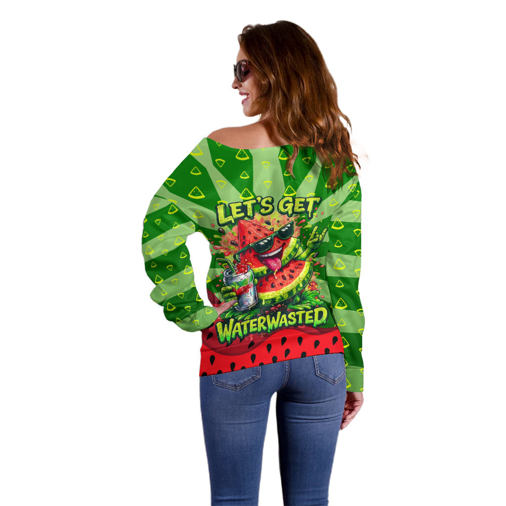 Let's Get Juicy Waterwasted Watermelon Off Shoulder Sweater Funny Cartoon Summer Fruit Party Art