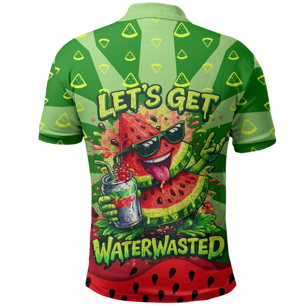 Let's Get Juicy Waterwasted Watermelon Polo Shirt Funny Cartoon Summer Fruit Party Art