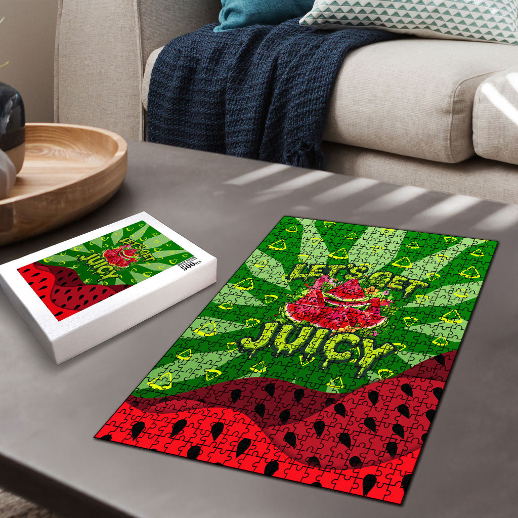 Let's Get Juicy Waterwasted Watermelon Puzzle Funny Cartoon Summer Fruit Party Art