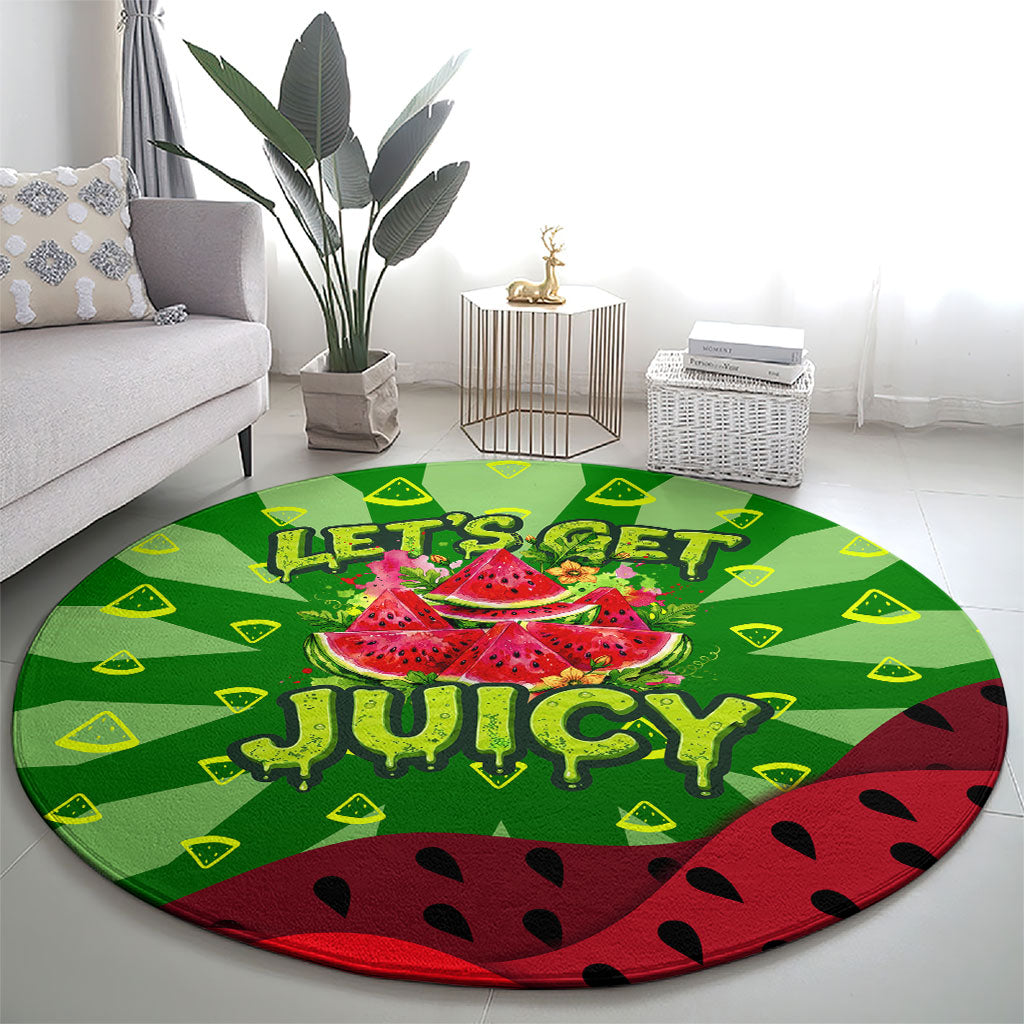 Let's Get Juicy Waterwasted Watermelon Round Carpet Funny Cartoon Summer Fruit Party Art