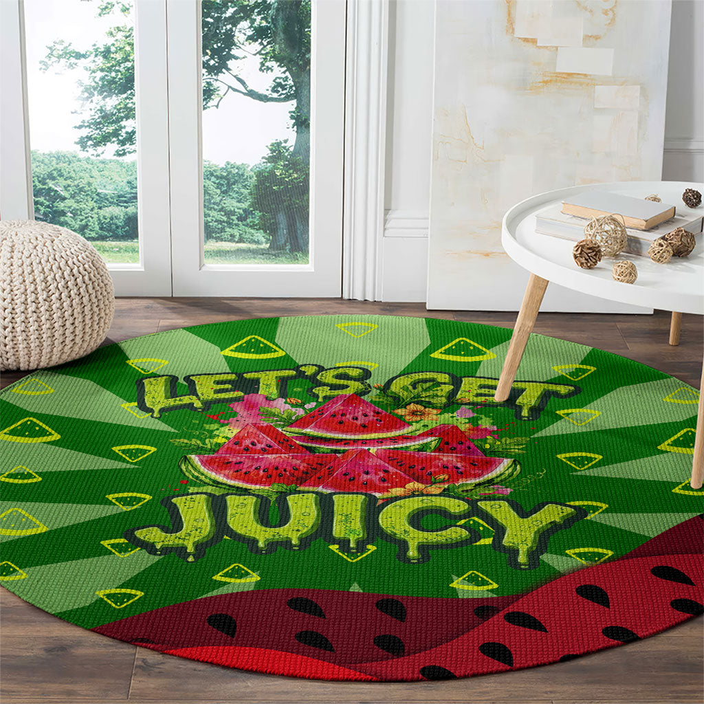 Let's Get Juicy Waterwasted Watermelon Round Carpet Funny Cartoon Summer Fruit Party Art