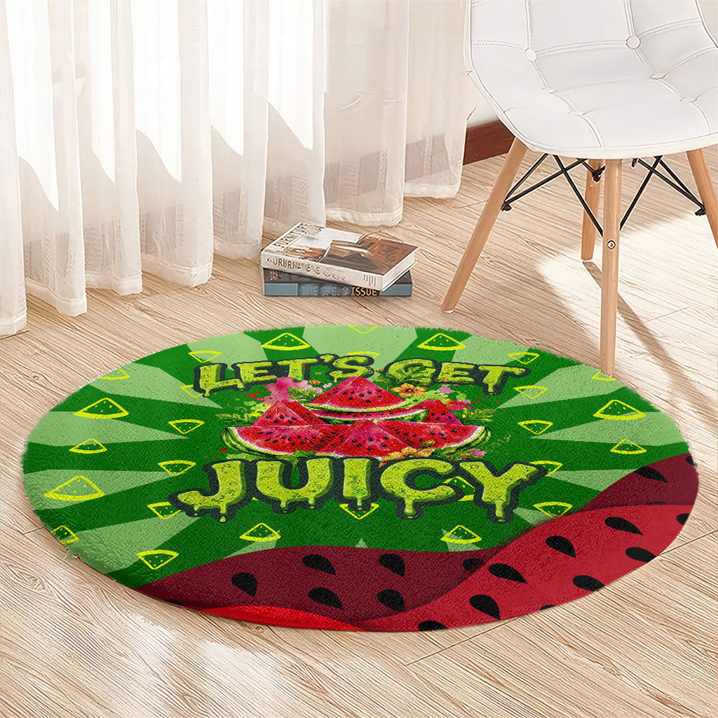 Let's Get Juicy Waterwasted Watermelon Round Carpet Funny Cartoon Summer Fruit Party Art