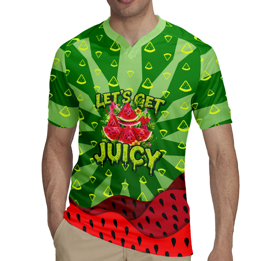 Let's Get Juicy Waterwasted Watermelon Rugby Jersey Funny Cartoon Summer Fruit Party Art