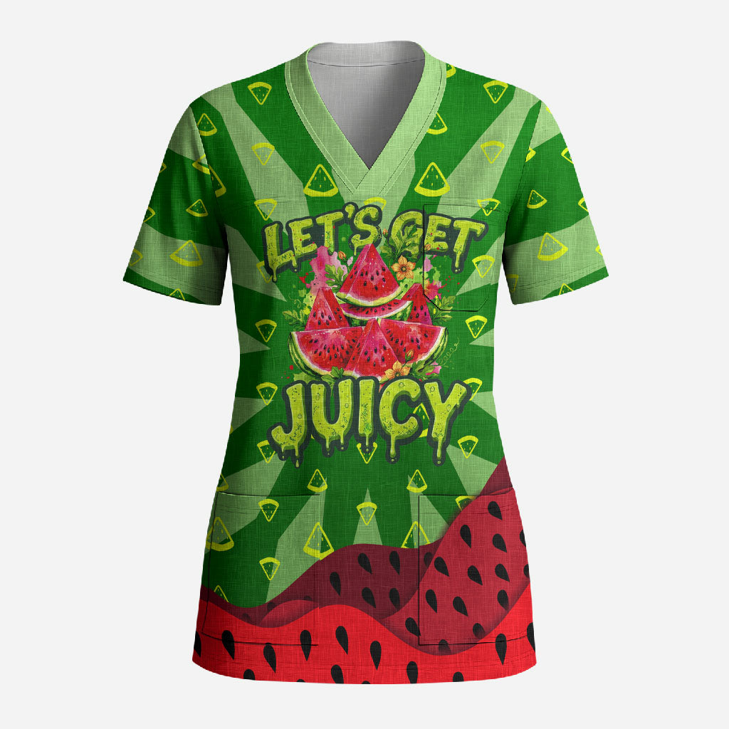 Let's Get Juicy Waterwasted Watermelon Scrub Top Funny Cartoon Summer Fruit Party Art