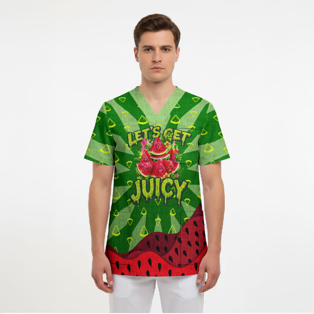 Let's Get Juicy Waterwasted Watermelon Scrub Top Funny Cartoon Summer Fruit Party Art
