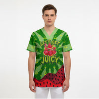 Let's Get Juicy Waterwasted Watermelon Scrub Top Funny Cartoon Summer Fruit Party Art