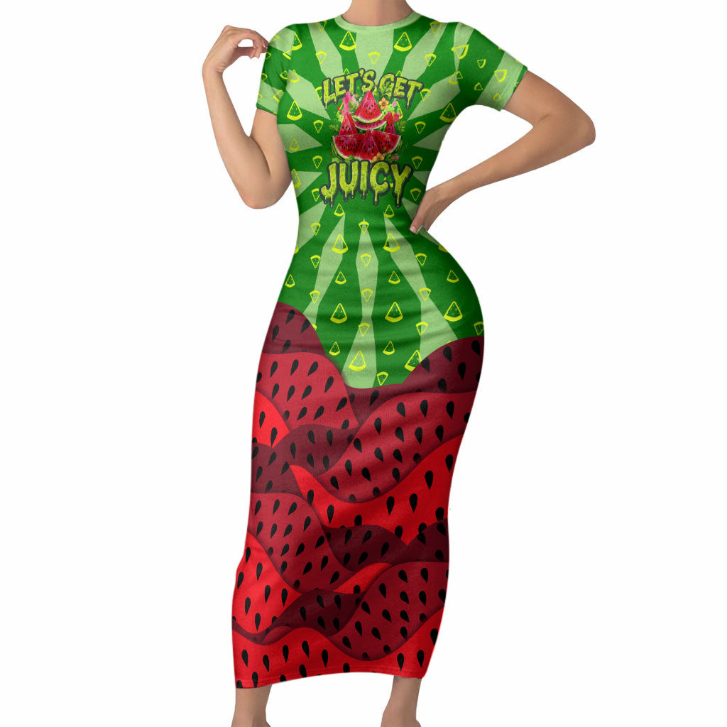 Let's Get Juicy Waterwasted Watermelon Short Sleeve Bodycon Dress Funny Cartoon Summer Fruit Party Art