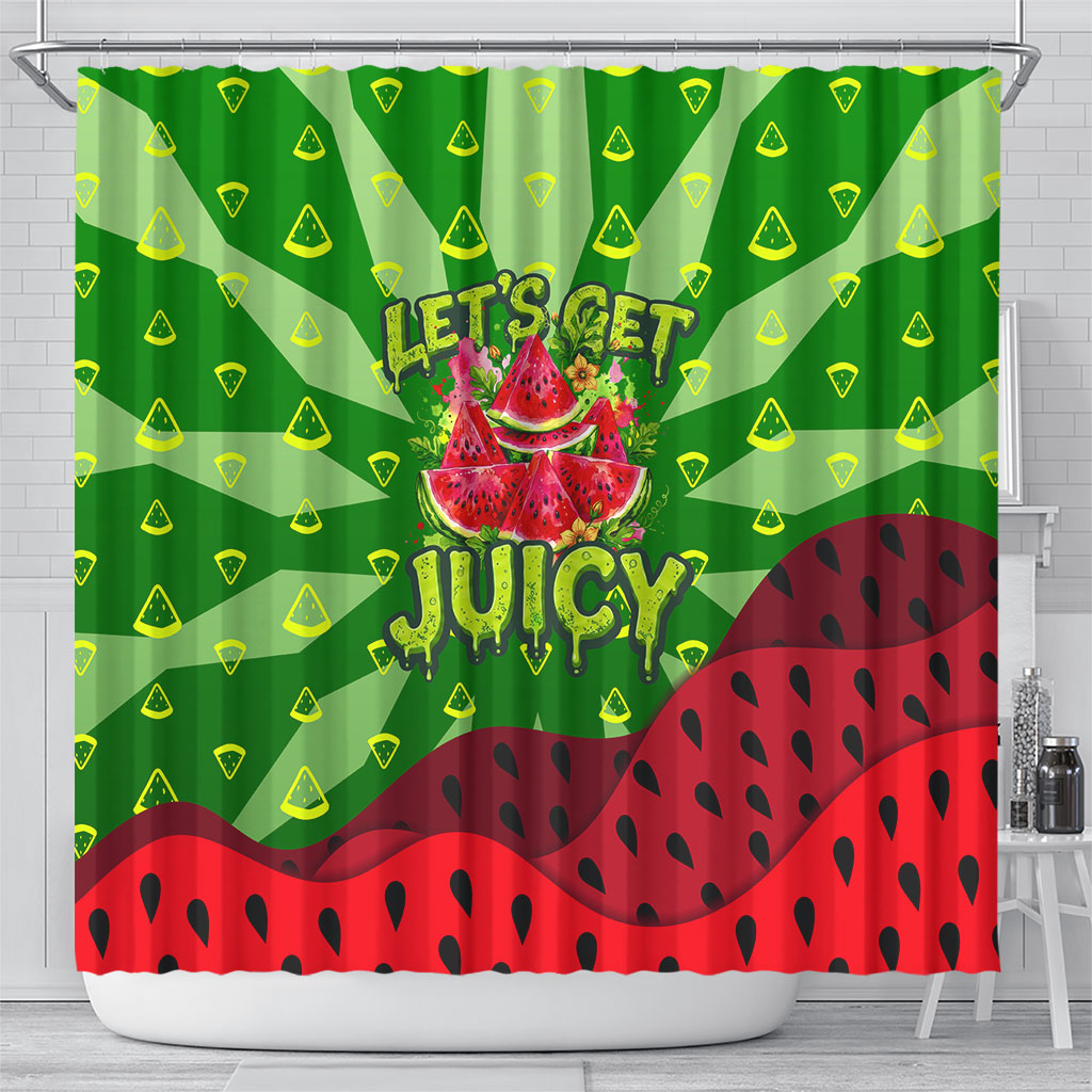 Let's Get Juicy Waterwasted Watermelon Shower Curtain Funny Cartoon Summer Fruit Party Art